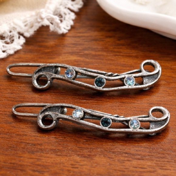 Vintage Silver Tone Rhinestone Scroll Hair Barrettes Set of 2 Y2K - Picture 2 of 4